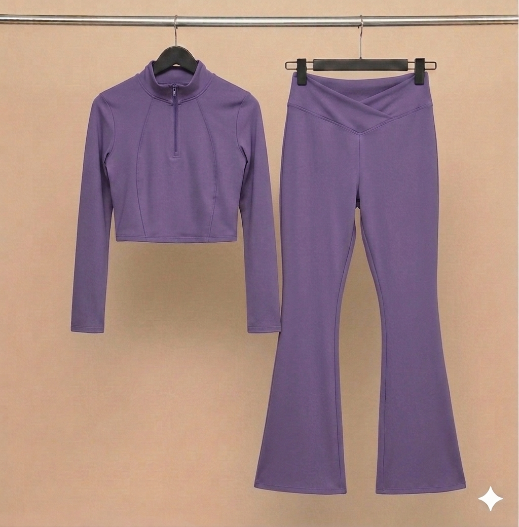 Set deportivo de top deportivo y malla cruzada | Blusa corta con cierre y leggins para altas