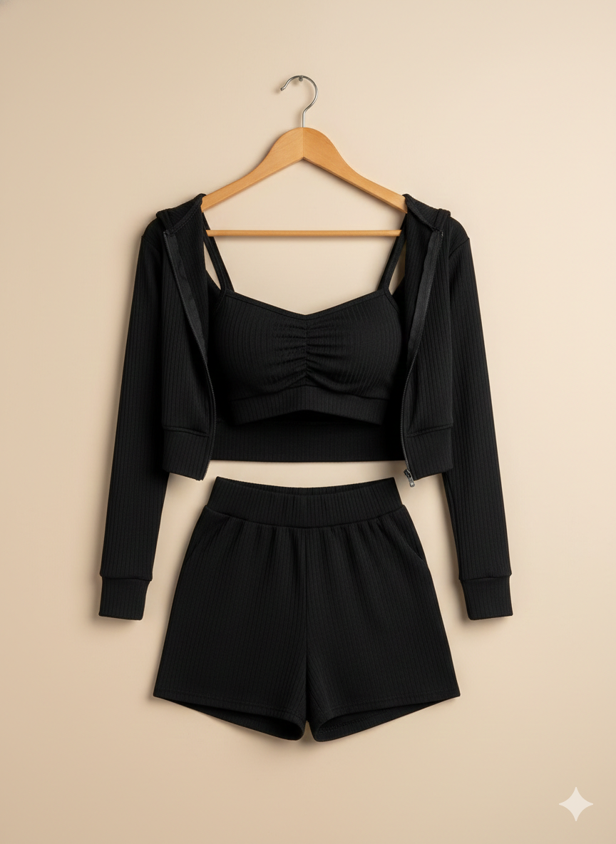 Set de 3 prendas deportivo con top, sudadera y short