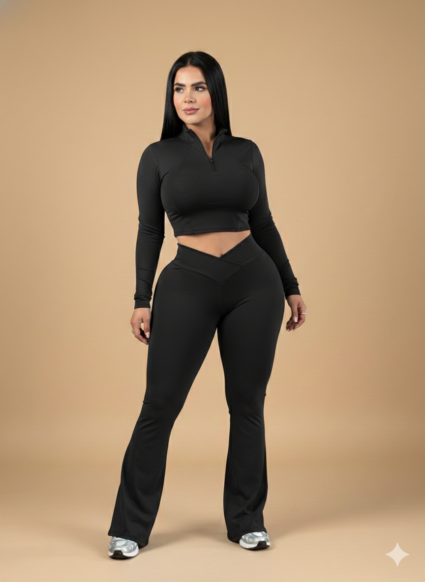 Set deportivo de top deportivo y malla cruzada | Blusa corta con cierre y leggins para altas