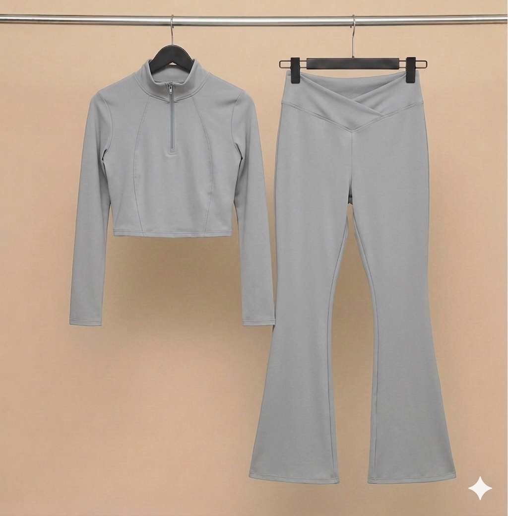 Set deportivo de top deportivo y malla cruzada | Blusa corta con cierre y leggins para altas
