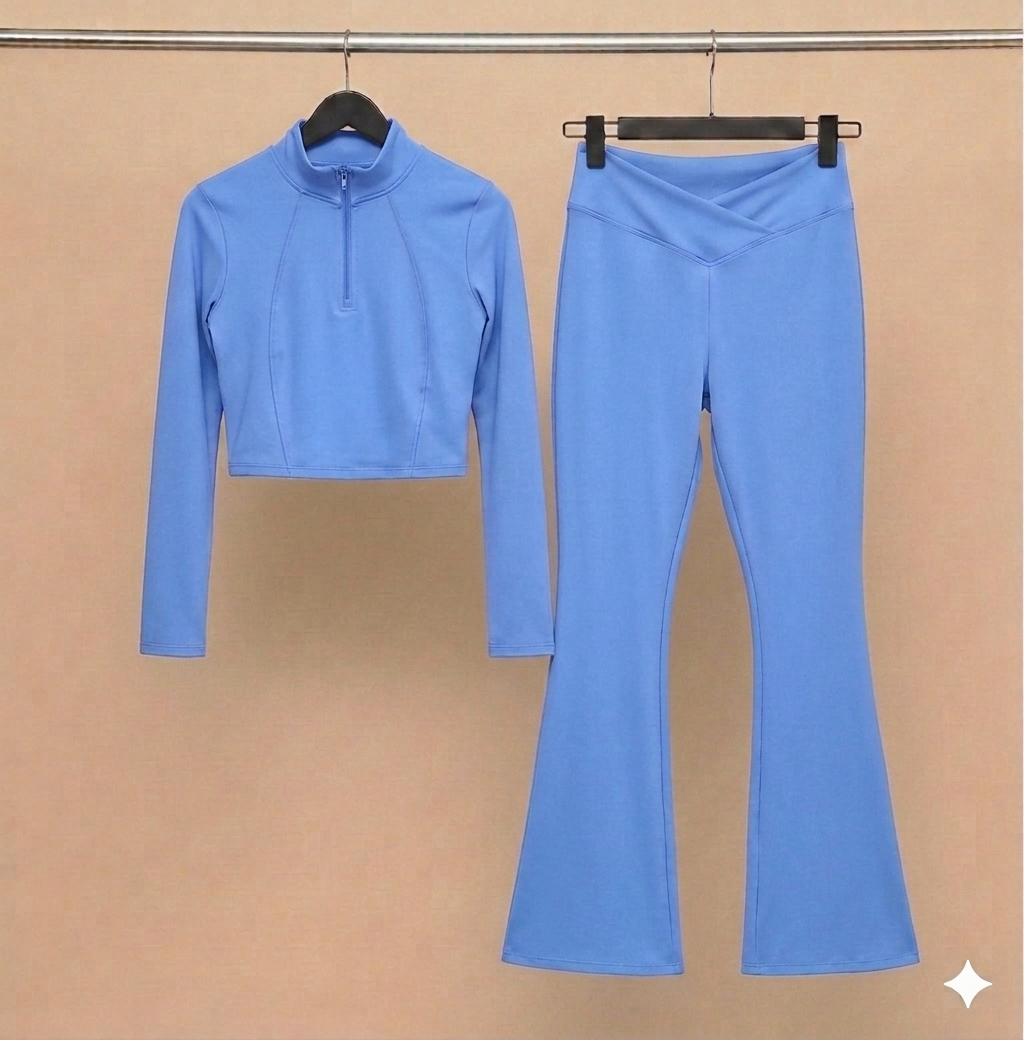 Set deportivo de top deportivo y malla cruzada | Blusa corta con cierre y leggins para altas