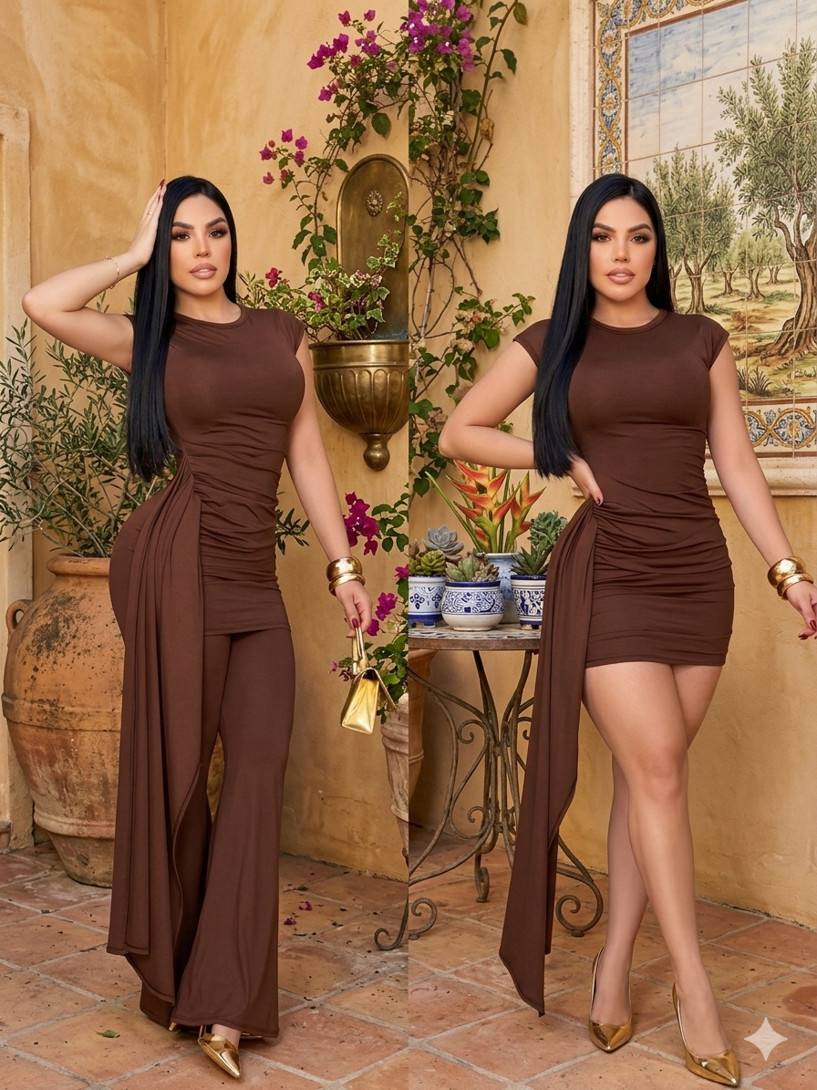 Conjunto Odette cuello redondo 3 prendas | Flare tendencia | vestido y leggins acampanado y bandita de cabello.