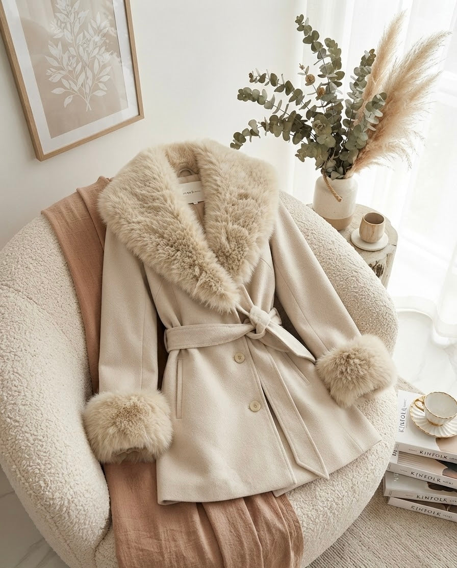Gabardina-Abrigo con peluche en cuello y mangas LUXURY con fajo y botones TRENDY
