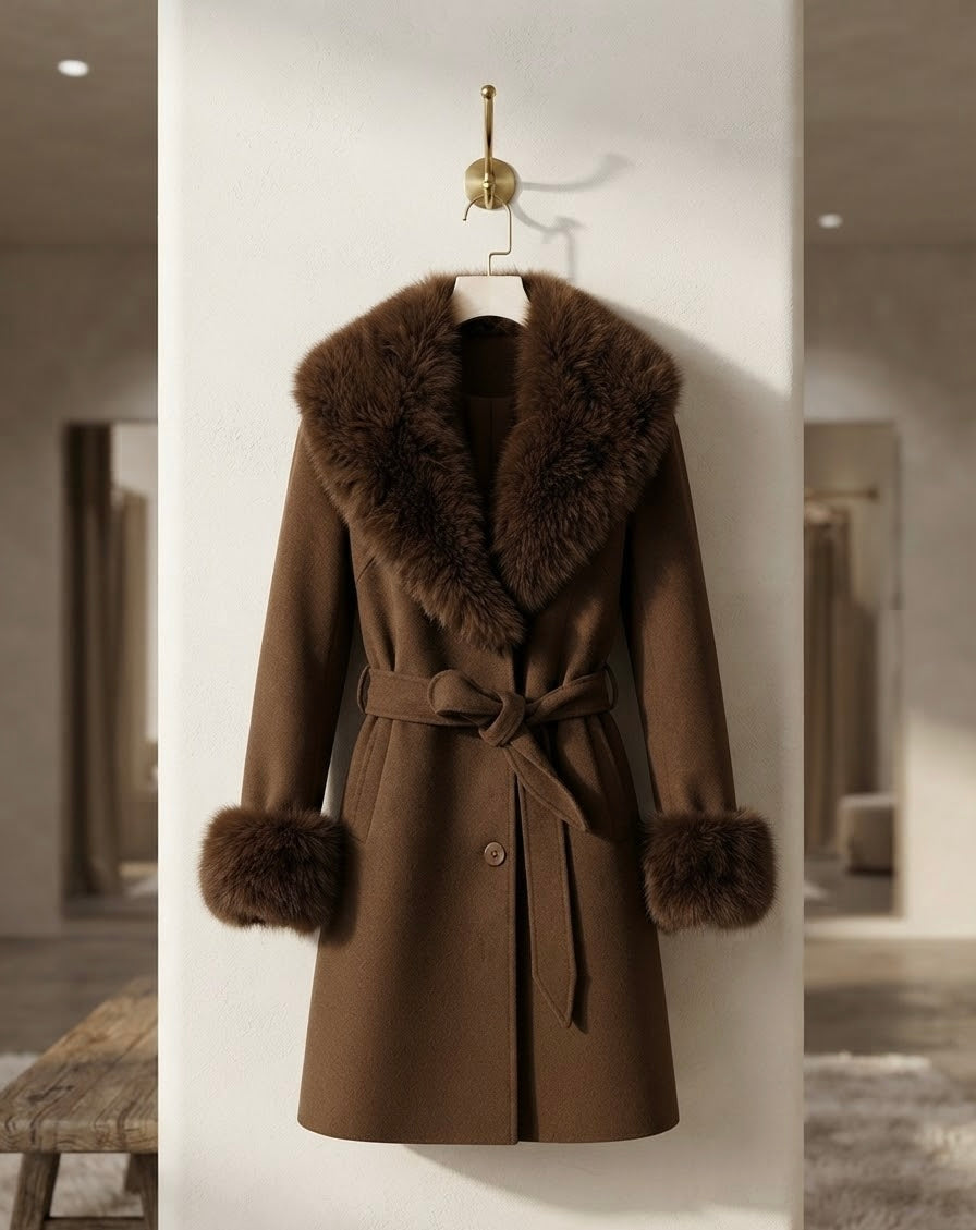 Gabardina-Abrigo con peluche en cuello y mangas LUXURY con fajo y botones TRENDY