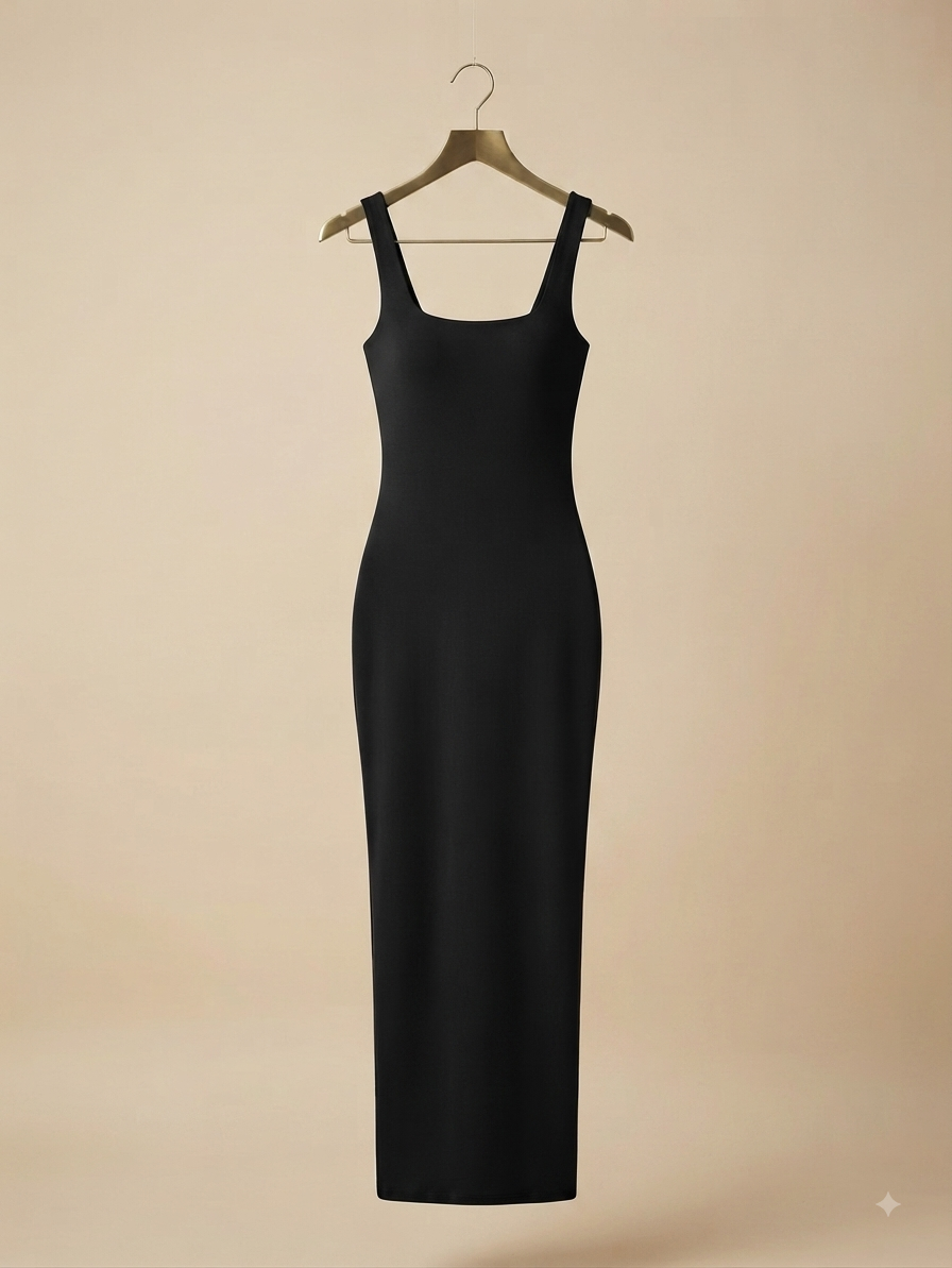 Vestido resaque cuello cuadro arriba del tobillo, básico y stretch