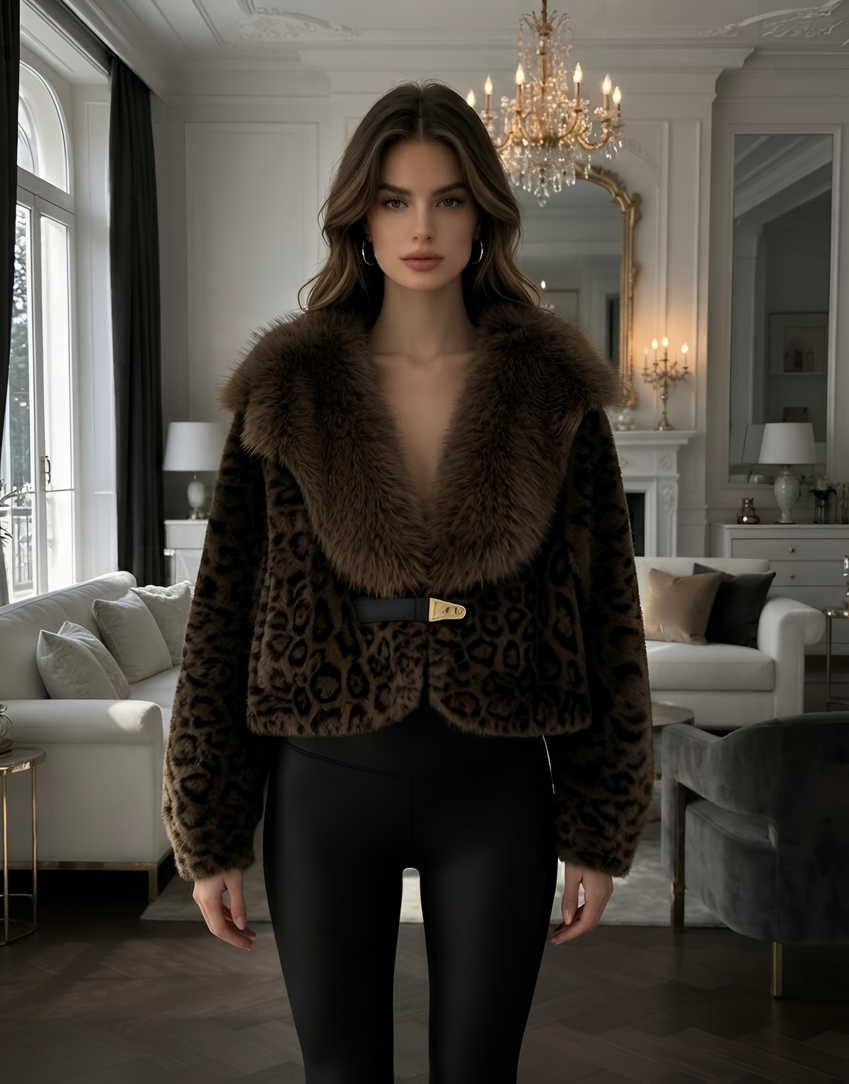 Suéter-Abrigo LUXURY animal print con broche cromado detalle de doble tela