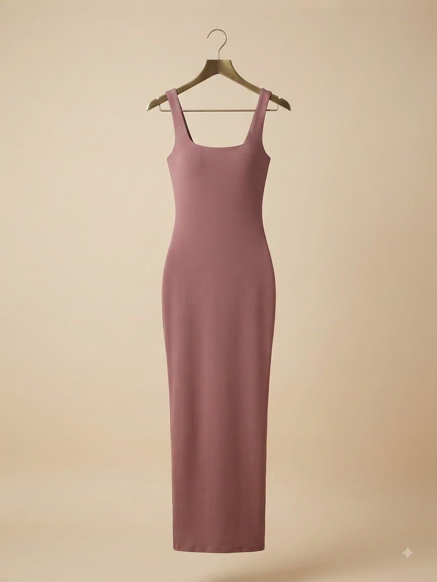 Vestido resaque cuello cuadro arriba del tobillo, básico y stretch