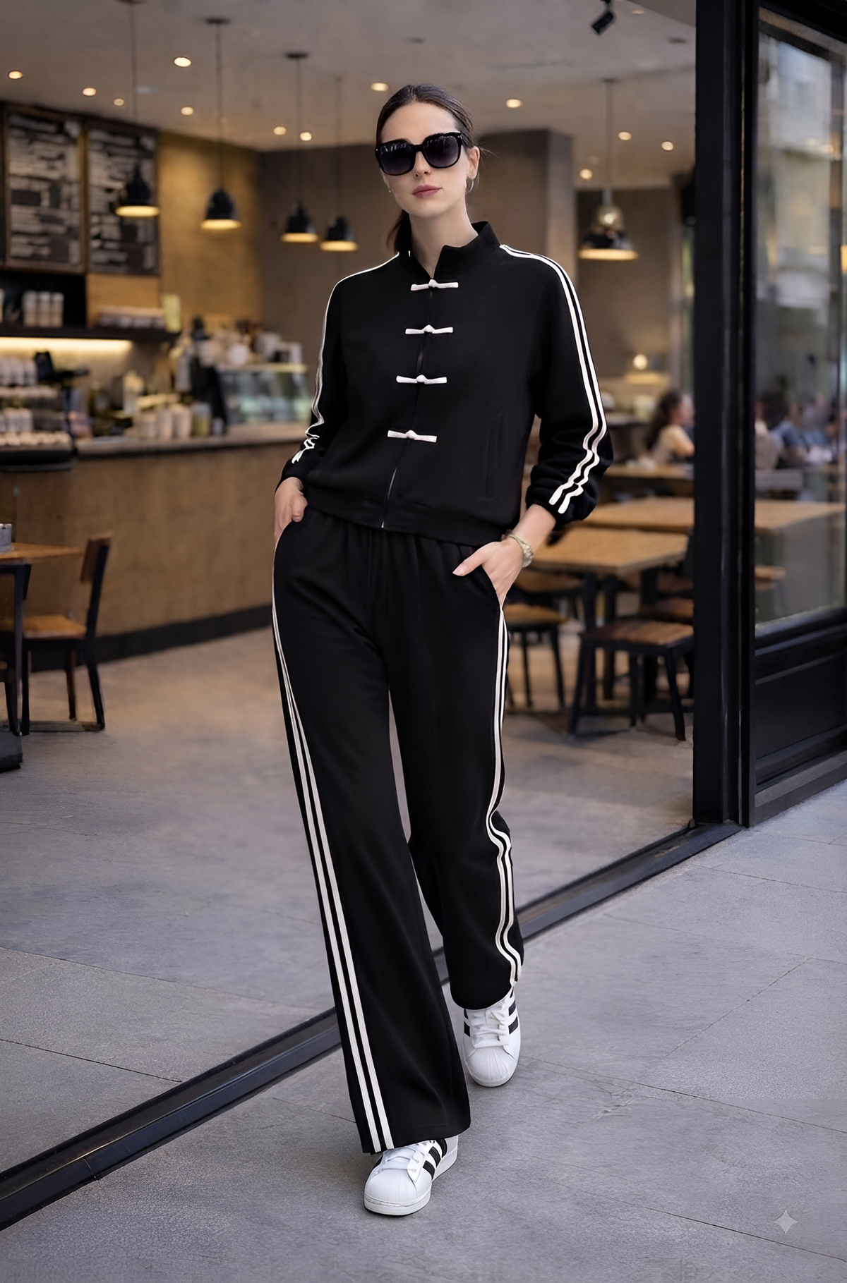 Conjunto tipo chino en tendencia de chamarra y pants con bordado dos prendas.