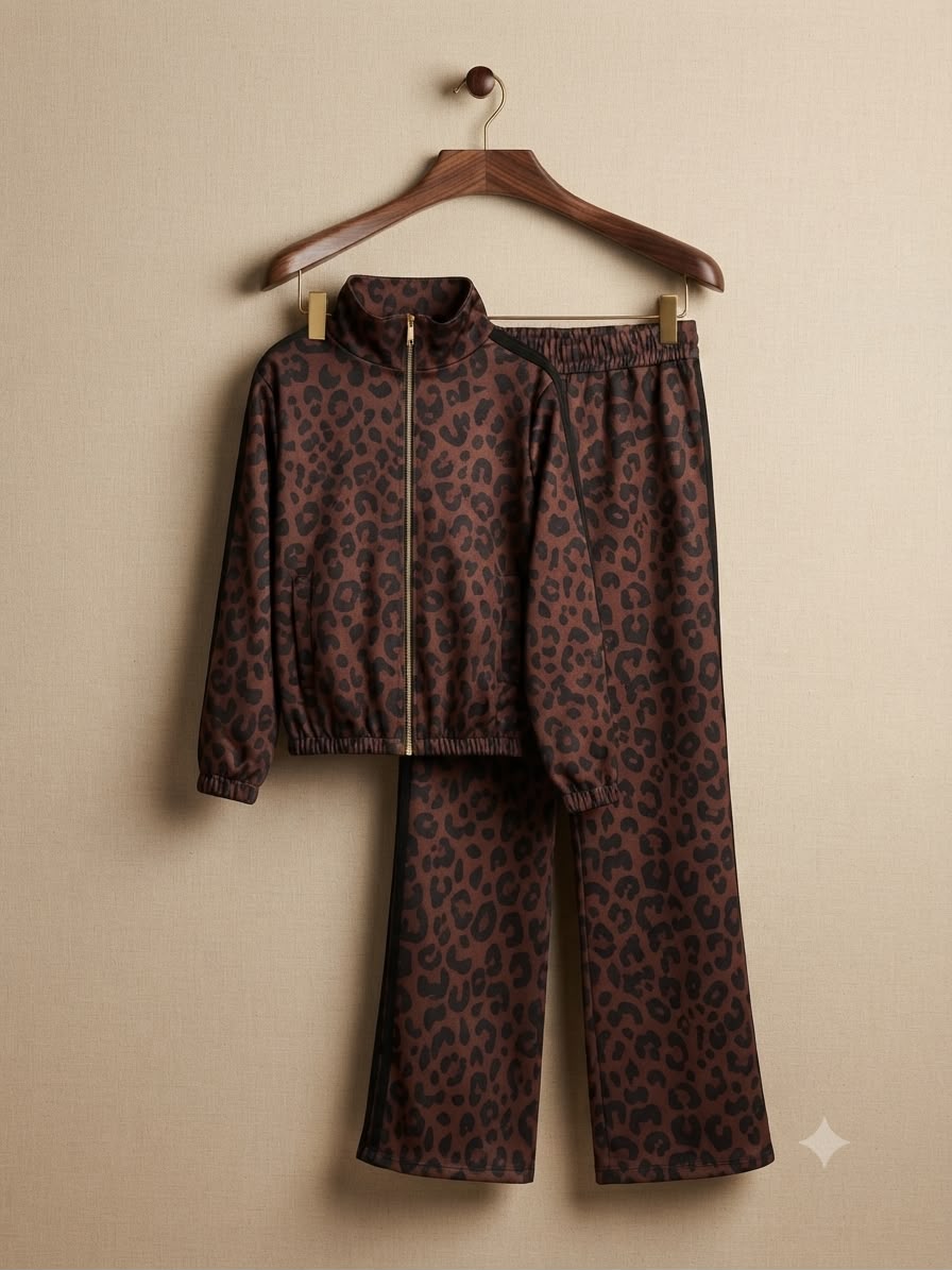 Set animal print pants corte recto y chamarra cuello alto Bomber tendencia.