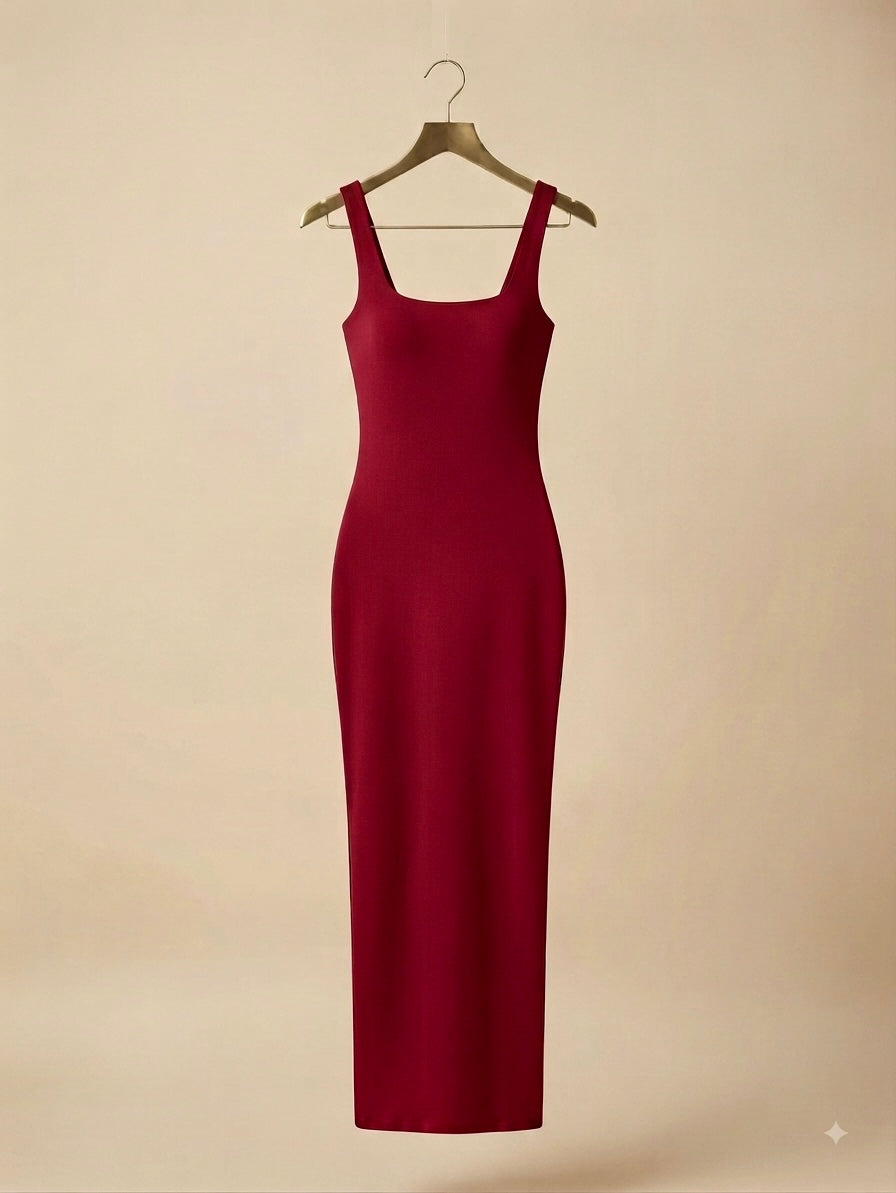 Vestido resaque cuello cuadro arriba del tobillo, básico y stretch