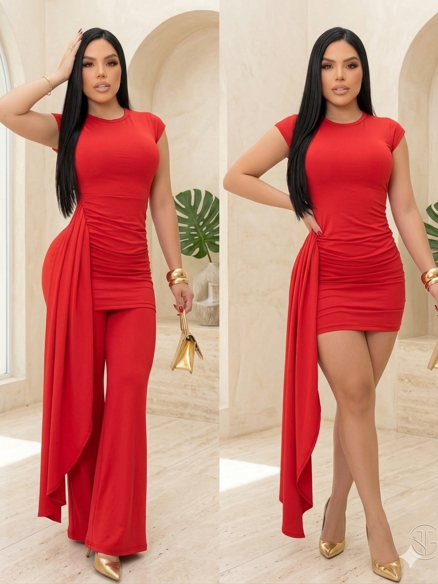 Conjunto Odette cuello redondo 3 prendas | Flare tendencia | vestido y leggins acampanado y bandita de cabello.