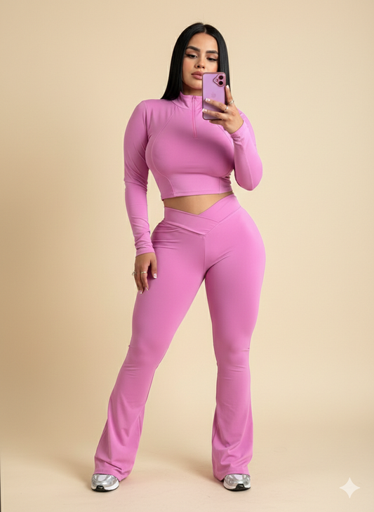 Set deportivo de top deportivo y malla cruzada | Blusa corta con cierre y leggins para altas