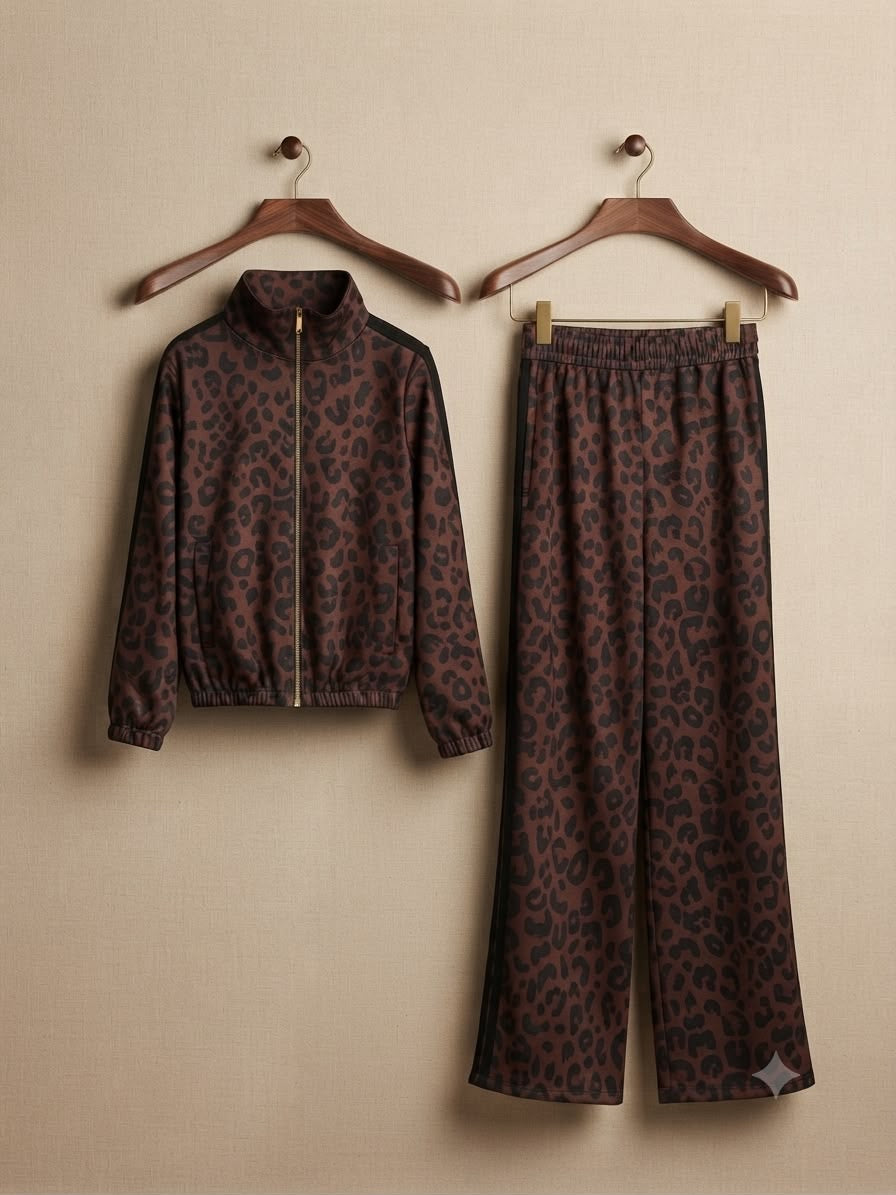 Set animal print pants corte recto y chamarra cuello alto Bomber tendencia.