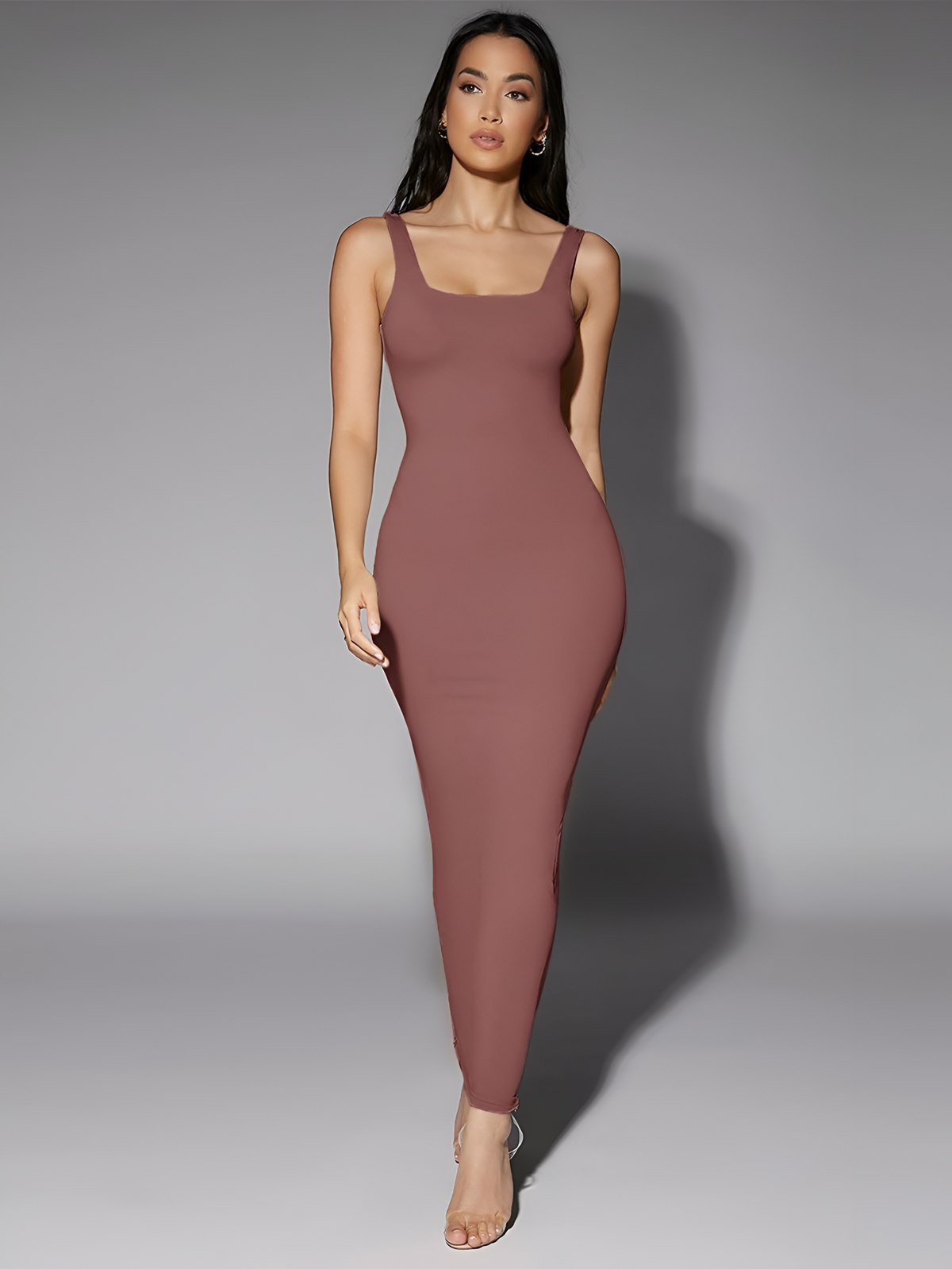 Vestido resaque cuello cuadro arriba del tobillo, básico y stretch
