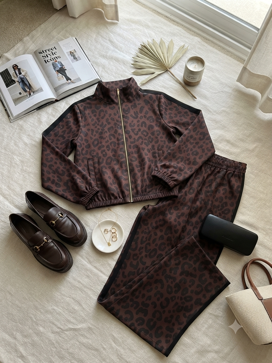 Set animal print pants corte recto y chamarra cuello alto Bomber tendencia.
