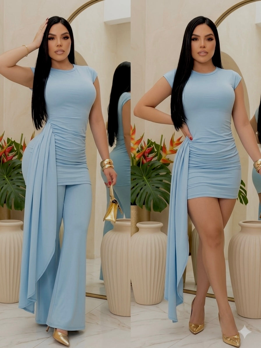 Conjunto Odette cuello redondo 3 prendas | Flare tendencia | vestido y leggins acampanado y bandita de cabello.